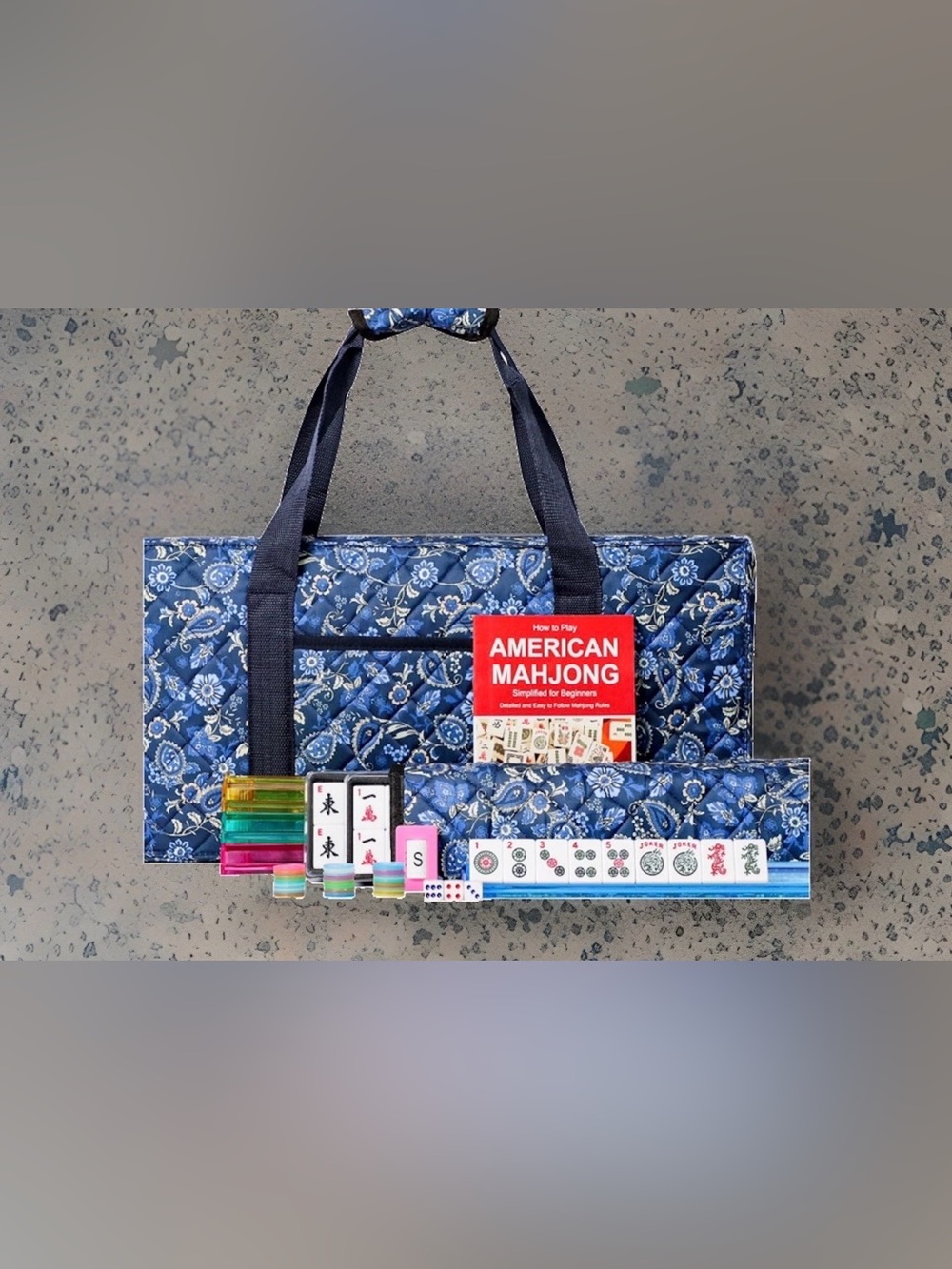 American Mahjong Set 166 White Tiles Acrylic Pushers Blue Blue Quilted Carry Bag